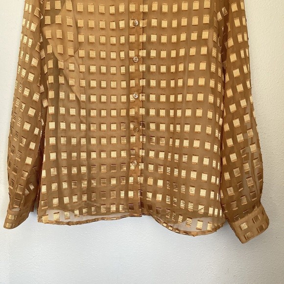 Basic Editions Sheer Jacquard Collared Button Up Gold Holiday Top Shirt Womens L - Picture 4 of 9